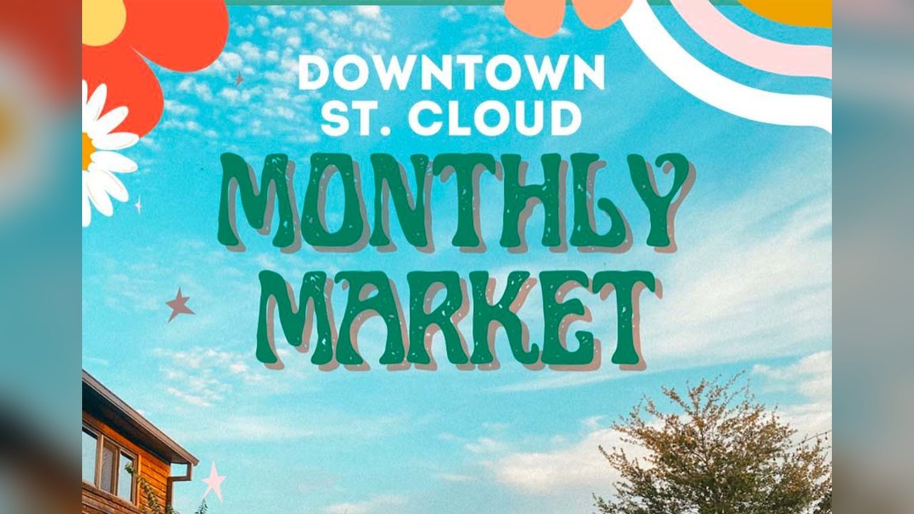 Downtown St. Cloud Monthly Market graphic with the event name in green letters over a sunny sky.