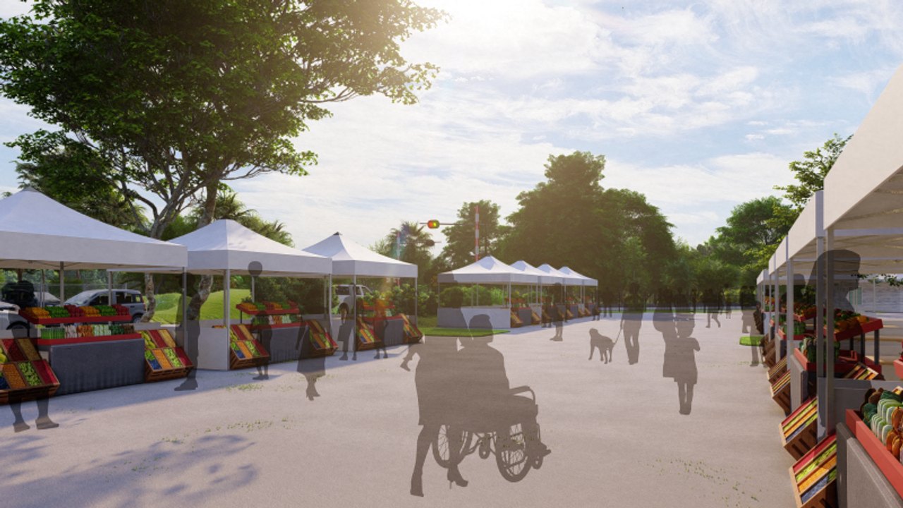 Rendered view of market tents, produce displays and shoppers on a paved path at The Train Depot.