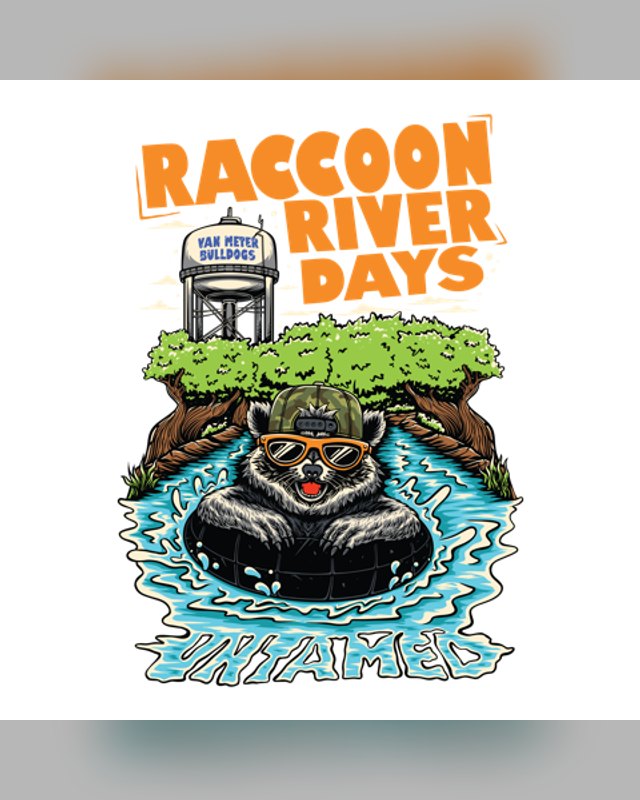Raccoon River Days logo showing a raccoon in sunglasses on an inner tube beside a water tower.