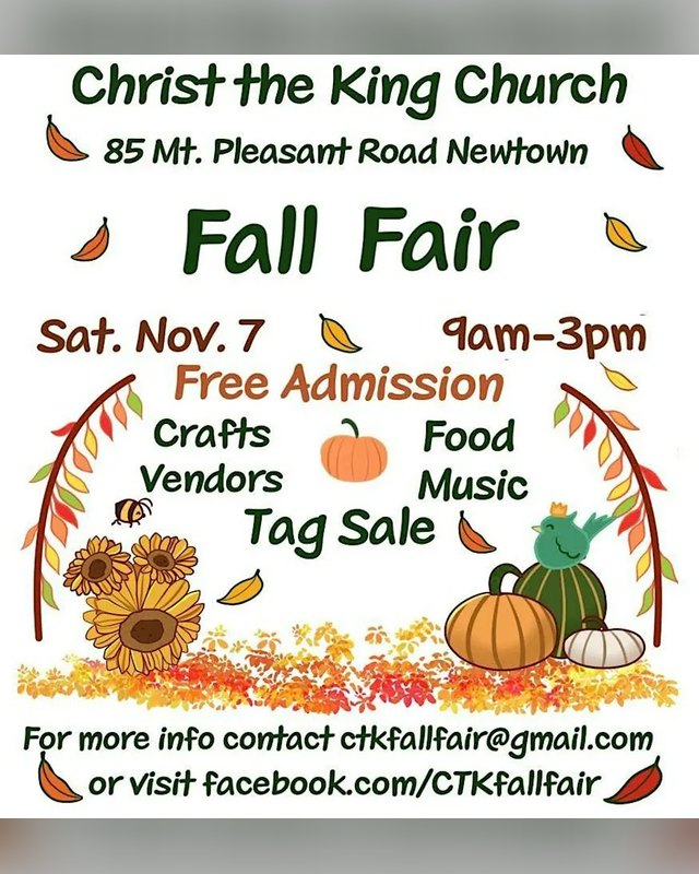 Flyer for Christ the King Lutheran Church Fall Fair, Saturday Nov. 7, 9am-3pm, free admission, with crafts, vendors, food and music.