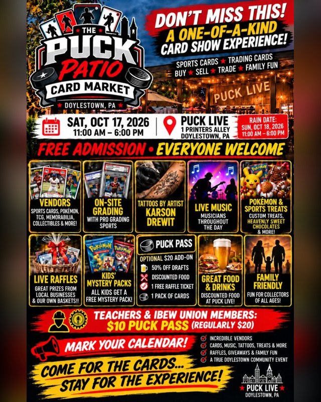 Flyer for The Puck Patio Card Market, Saturday October 17, 2026, 11am to 6pm at Puck Live in Doylestown.