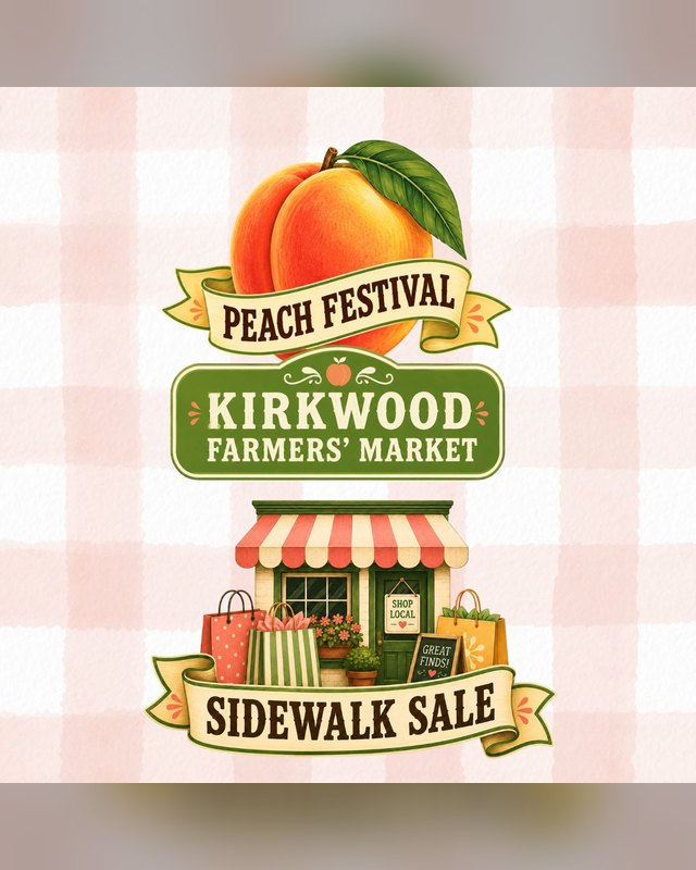 Flyer for Peach Festival at Kirkwood Farmers' Market, with a peach, a market storefront and a sidewalk sale banner.