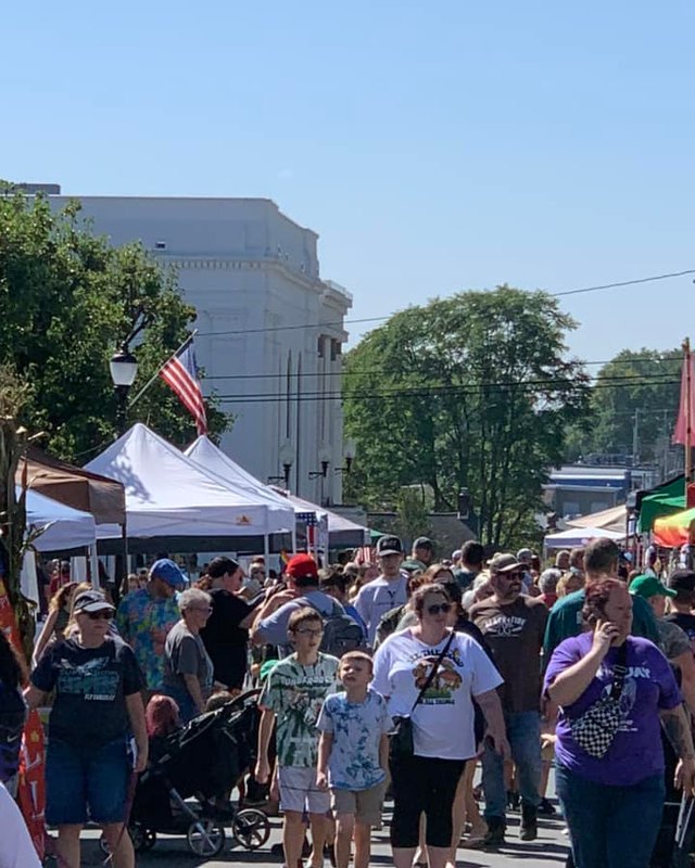 Crowd of visitors walking past white vendor tents at a street festival in Perkasie.