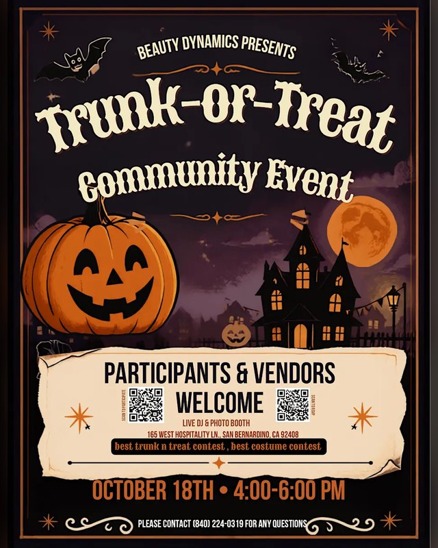 Flyer for Beauty Dynamics Trunk-or-Treat Community Event, October 18th, 4:00-6:00 PM, with vendors welcome.