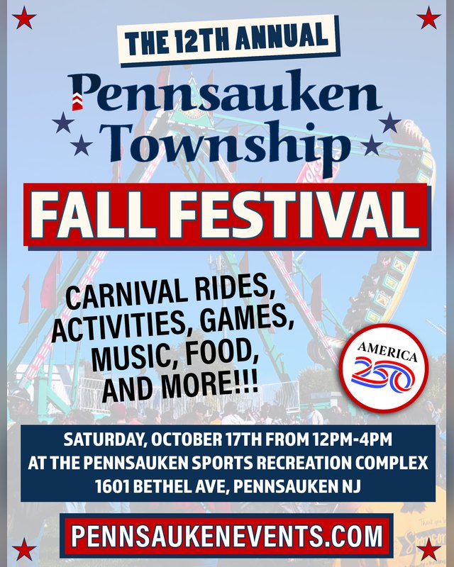 Flyer for Pennsauken Fall Festival, Saturday October 17 from 12-4pm at the Pennsauken Sports Recreation Complex.