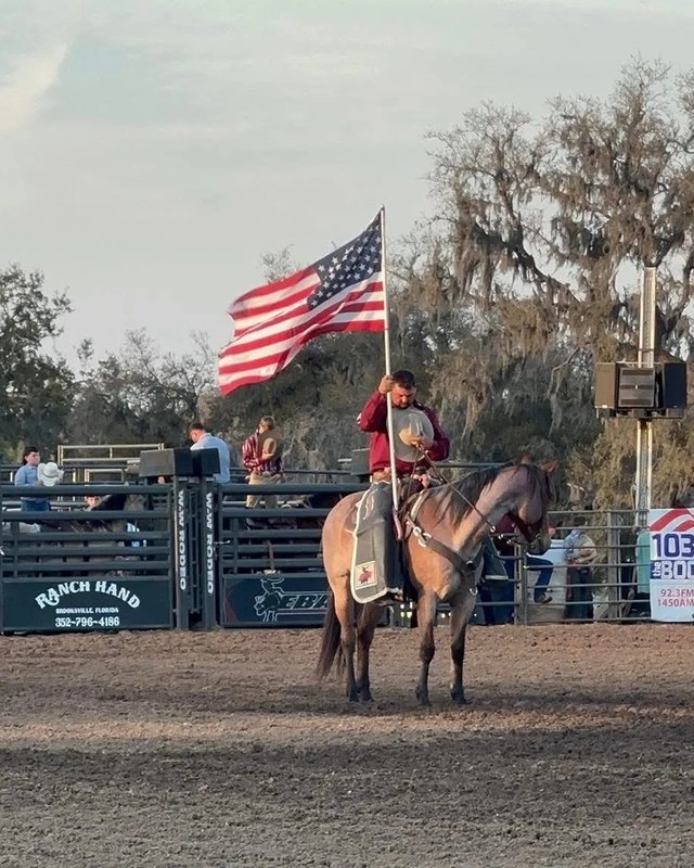 Horse rider carrying an American flag through a dirt arena, with a fence and sponsor signs and trees behind.