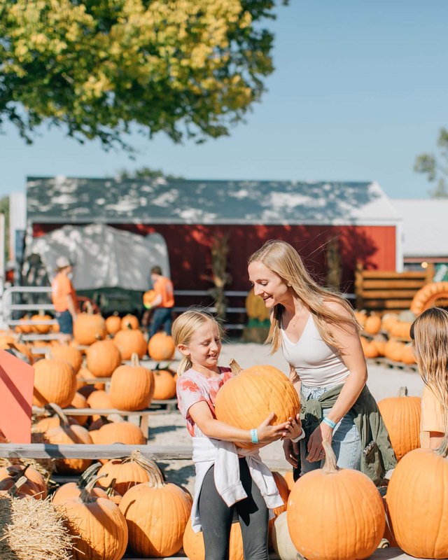 Family choosing pumpkins from a pile at Faulkner's Ranch in Kansas City