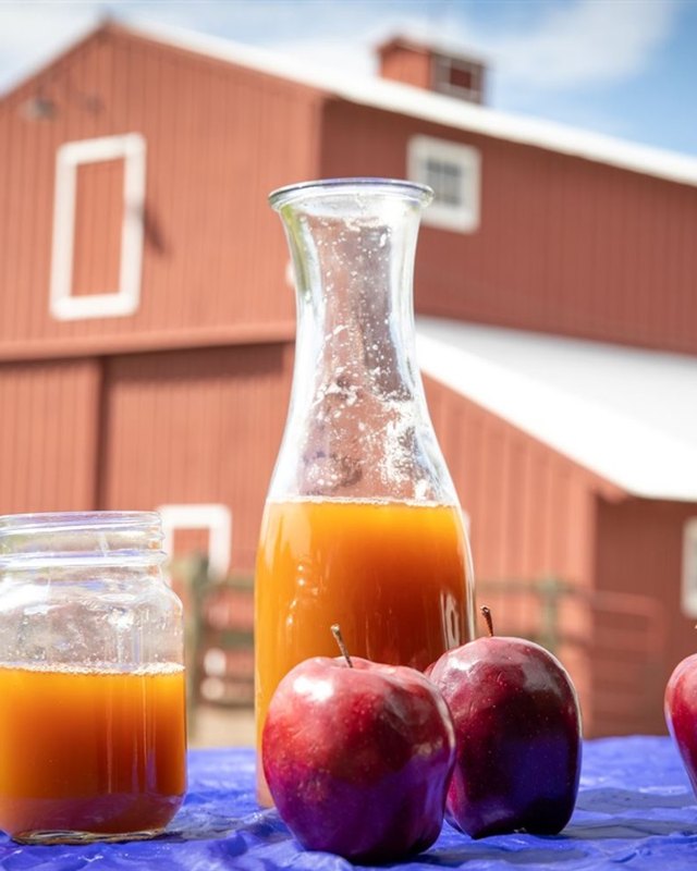 Red barn with a jug of cider, a jar, and apples on a blue cloth