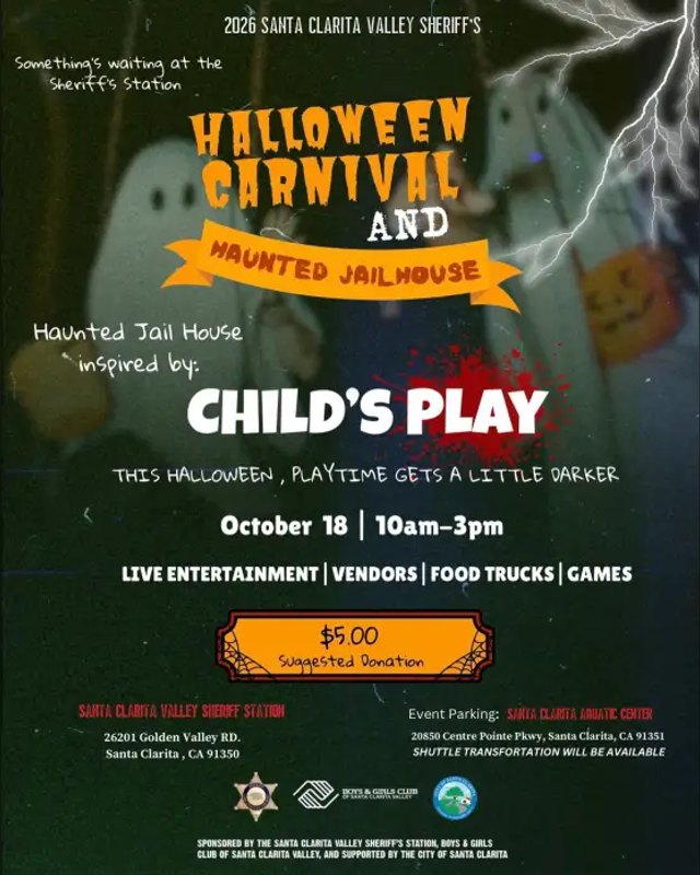 Flyer for Halloween Carnival and Haunted Jailhouse, October 18 2026, 10am-3pm, Santa Clarita Valley Sheriff's Station.