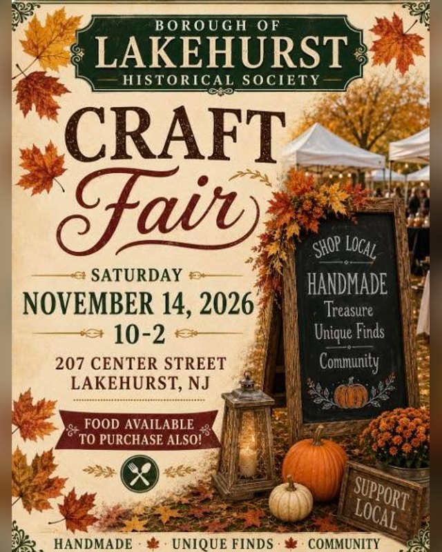 Flyer for the Borough of Lakehurst Historical Society Craft Fair, Saturday November 14, 2026, 10-2 at 207 Center Street.