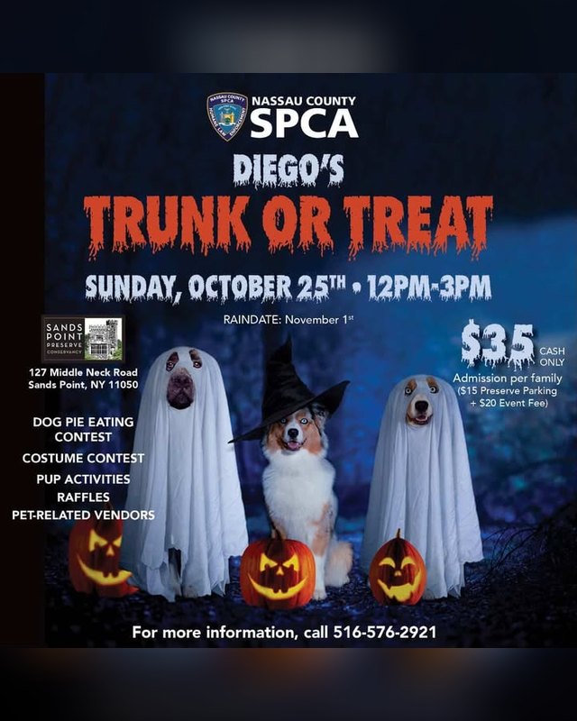 Flyer for Diego's Trunk or Treat, Sunday October 25 from 12pm to 3pm at Sands Point Preserve, with dogs in ghost costumes.