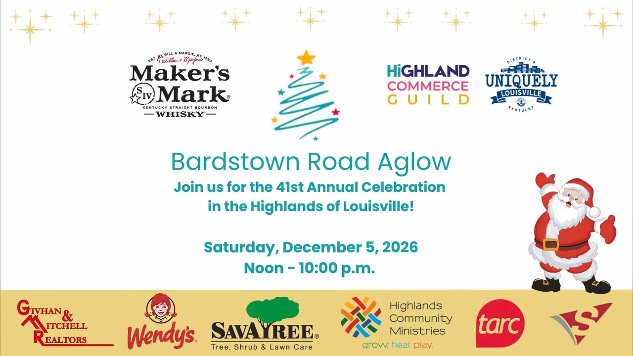 Flyer for the 41st Annual Bardstown Road Aglow, Saturday December 5, 2026, noon to 10 p.m. in the Highlands of Louisville.