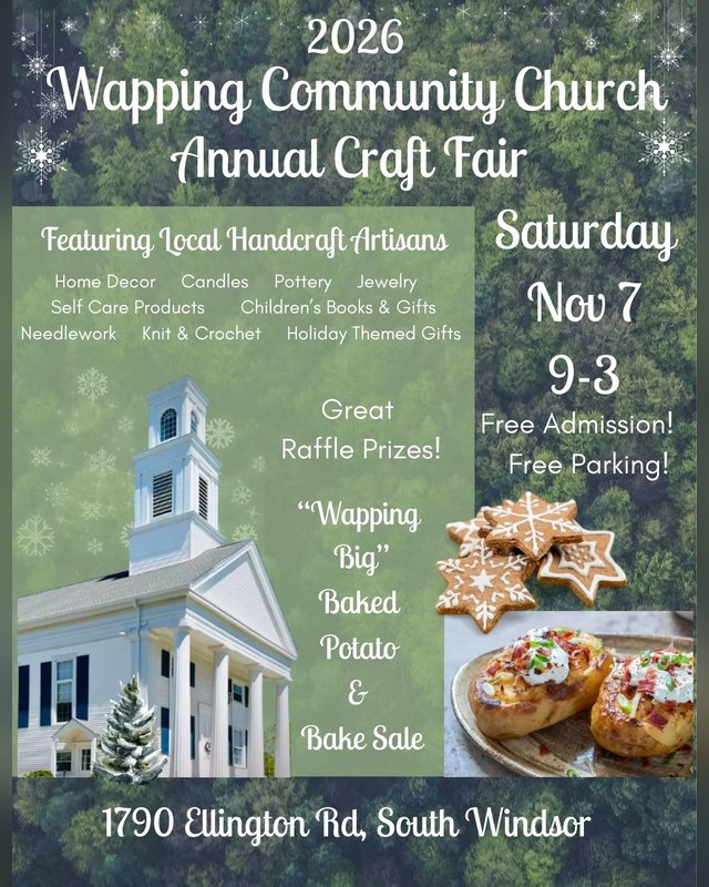 Flyer for the 2026 Wapping Community Church Annual Craft Fair, Saturday Nov 7, 9-3, featuring local handcraft artisans.