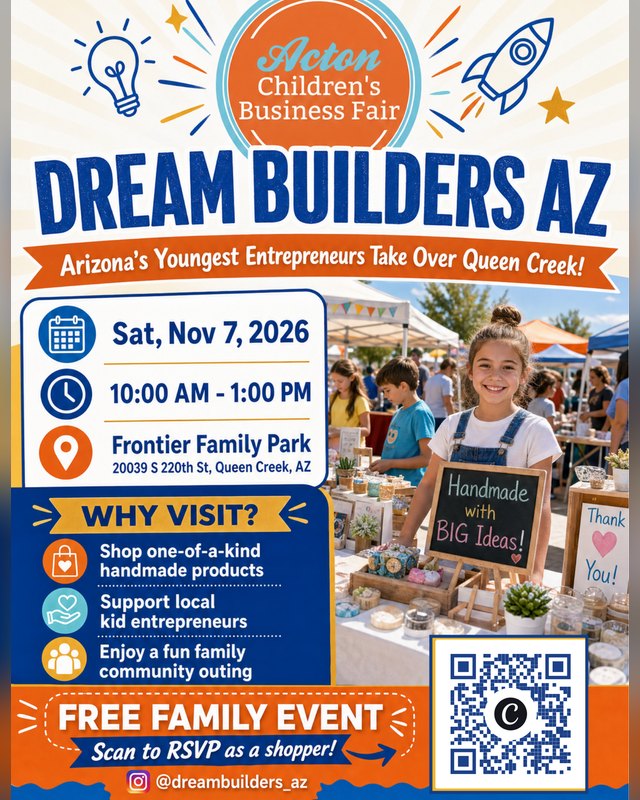 Flyer for Dream Builders Children's Business Fair, Saturday Nov 7 2026, 10 AM to 1 PM at Frontier Family Park.
