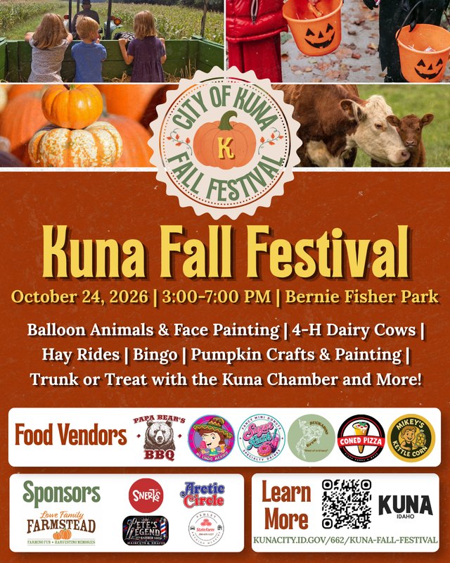 Flyer for Kuna Fall Festival, October 24, 2026, 3:00-7:00 PM at Bernie Fisher Park.