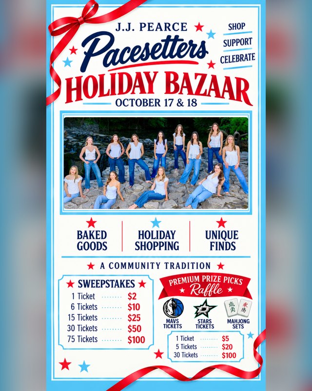 Flyer for the J.J. Pearce Pacesetters Holiday Bazaar on October 17 and 18, with a group photo and sweepstakes details.