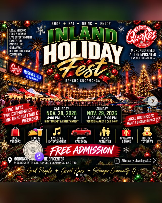 Flyer for Inland Holiday Fest showing Saturday Nov 28 and Sunday Nov 29, 2026 at Morongo Field, with vendor, car show and free admission details.