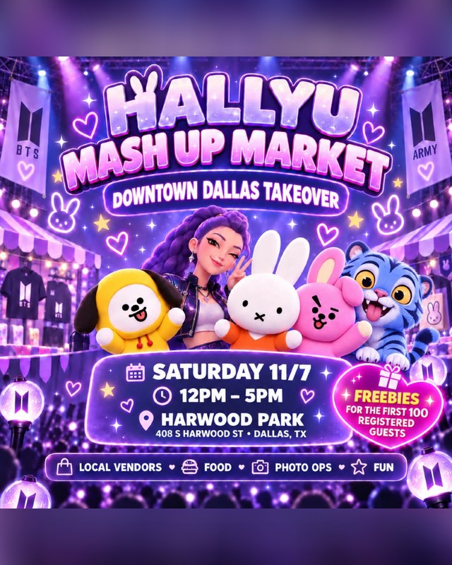 Flyer for Hallyu Mash Up Market, Saturday 11/7, 12PM to 5PM at Harwood Park in Dallas, with local vendors, food, and photo ops, shown with cartoon characters.