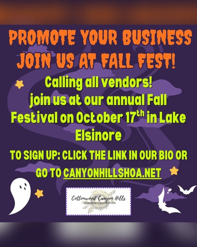 Flyer inviting vendors to join the Cottonwood Canyon Hills Fall Festival on October 17th in Lake Elsinore.