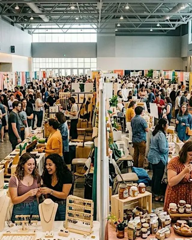Shoppers browsing vendor booths with handmade goods and clothing racks in a large indoor hall.