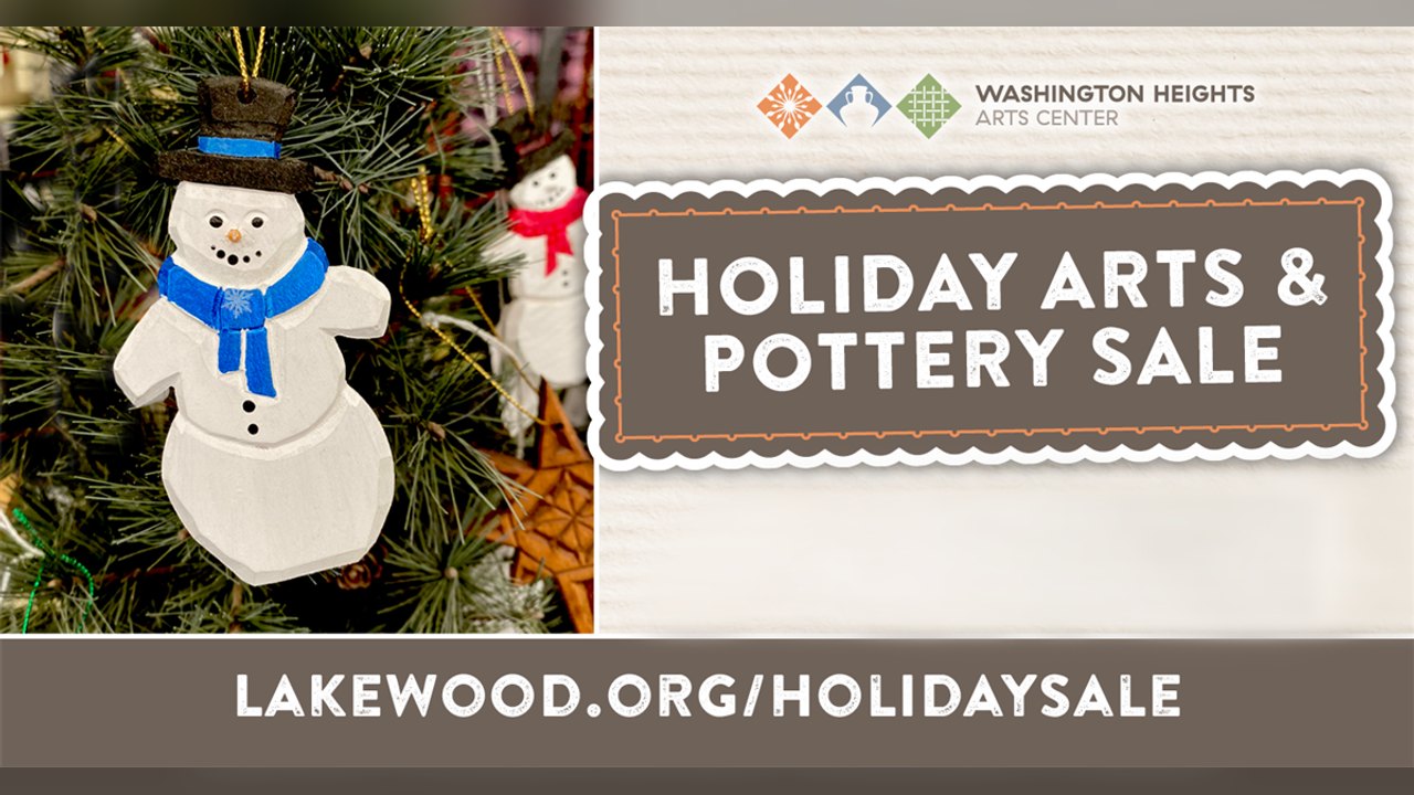 Promotional graphic for the Holiday Arts and Pottery Sale with a snowman ornament and the URL lakewood.org/holidaysale.
