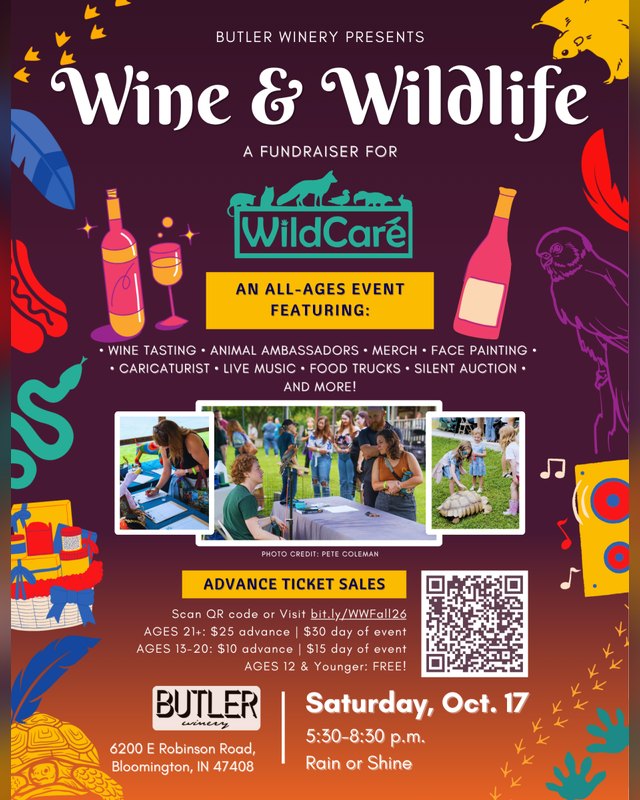 Flyer for WildCare's Wine & Wildlife at Butler Winery, Saturday Oct. 17, with event features listed.