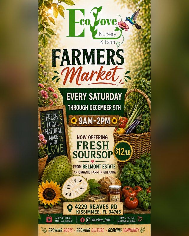 Flyer for EcoLove Farmers Market, every Saturday through December 5th, 9AM-2PM, at 4229 Reaves Rd, Kissimmee.