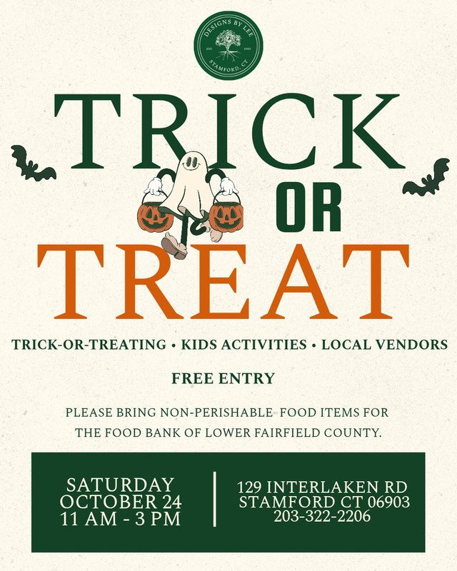 Flyer for Trick or Treat at Designs by Lee, Saturday October 24, 11 AM to 3 PM, free entry.