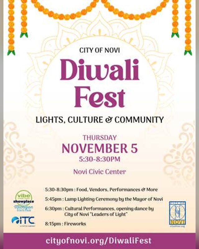 Flyer for Diwali Fest, Thursday November 5, 5:30-8:30pm at Novi Civic Center, City of Novi