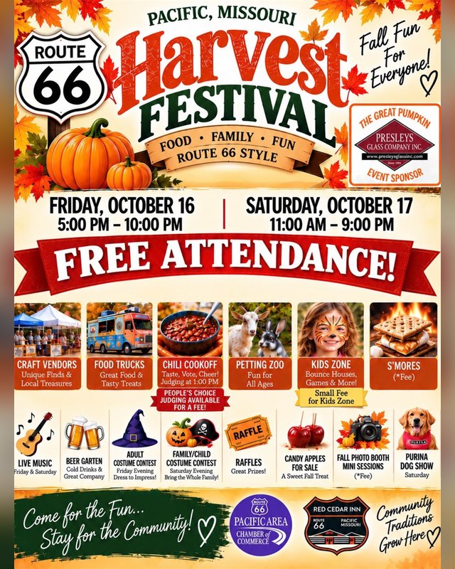 Flyer for the Pacific Missouri Harvest Festival, Route 66 Style, Friday October 16 and Saturday October 17.