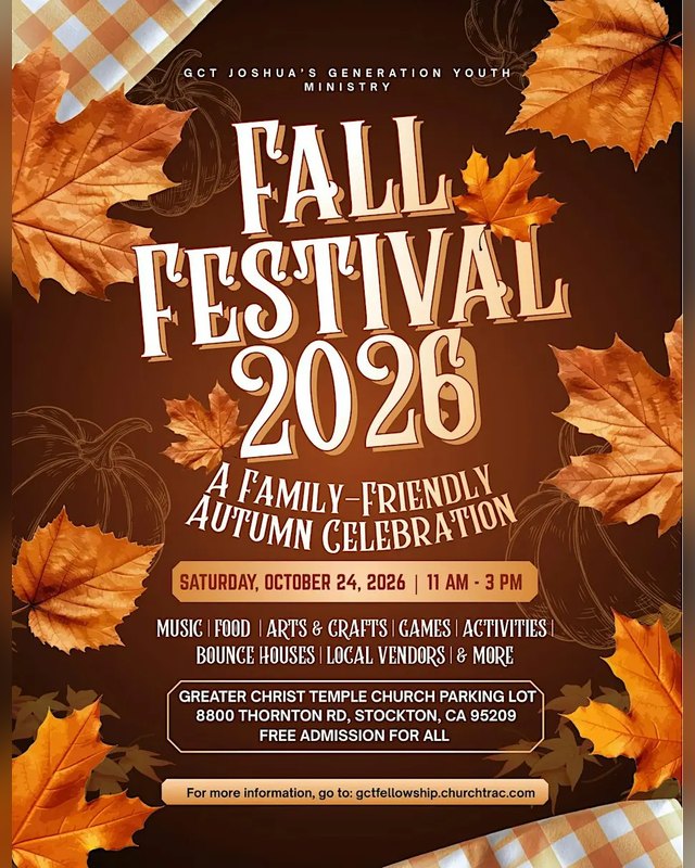 Flyer for Fall Festival 2026 on October 24, 11 AM to 3 PM, at Greater Christ Temple parking lot in Stockton.