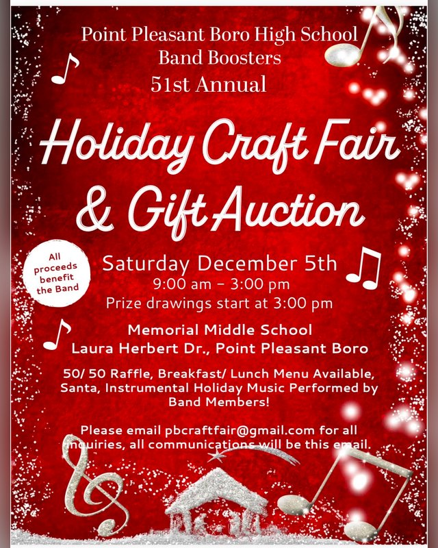 Flyer for the Point Pleasant Boro Holiday Craft Fair & Gift Auction on Saturday, December 5th at Memorial Middle School.