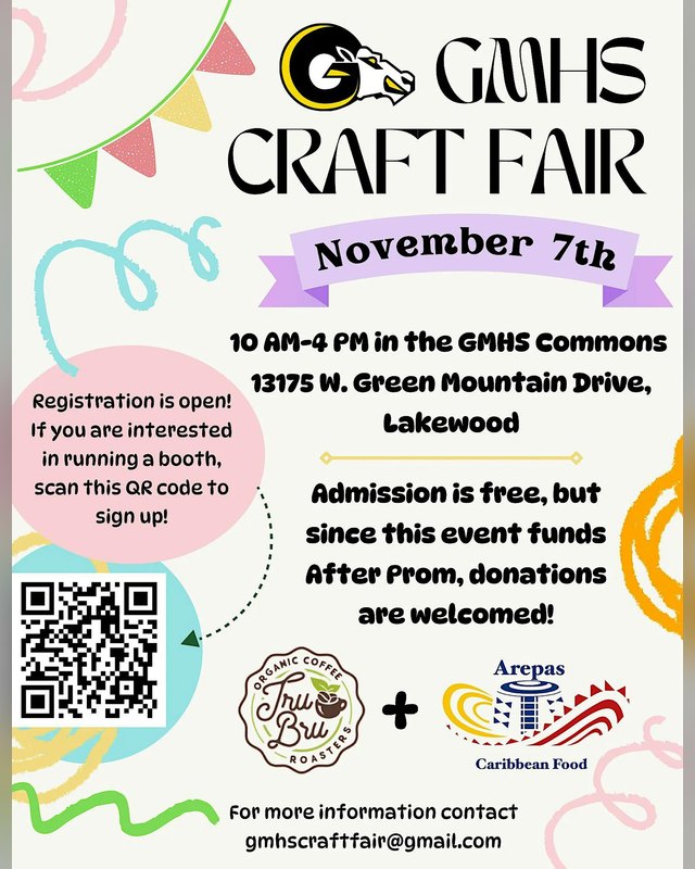 Flyer for the GMHS Craft Fair, November 7th, 10 AM to 4 PM in the GMHS Commons, Lakewood.