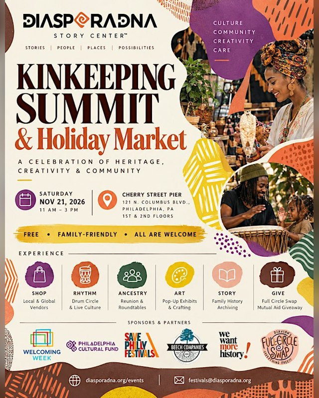 Flyer for Kinkeeping Summit & Holiday Market, Saturday Nov 21, 2026 at Cherry Street Pier