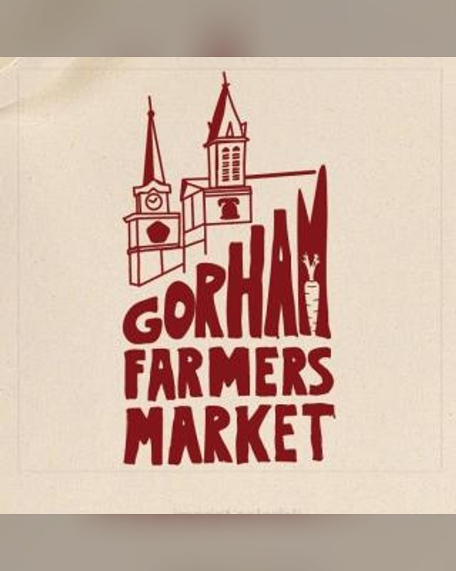 Gorham Farmers Market logo showing church steeples and a carrot above red block lettering on a cream background.