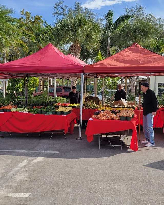 Vendor tents with red canopies and produce displays at the Wednesday Market in Riverside Park