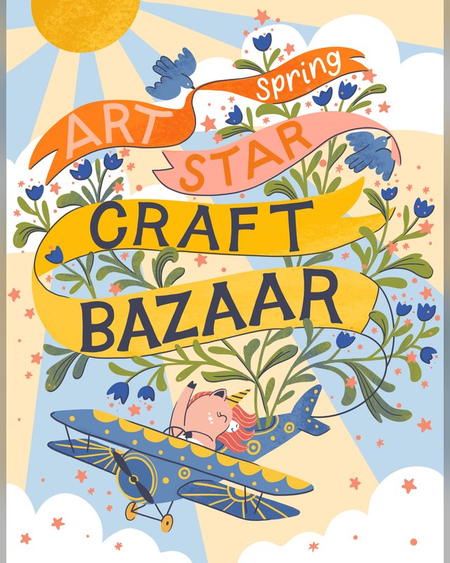 Spring Art Star Craft Bazaar illustrated poster with banners, flowers and a biplane