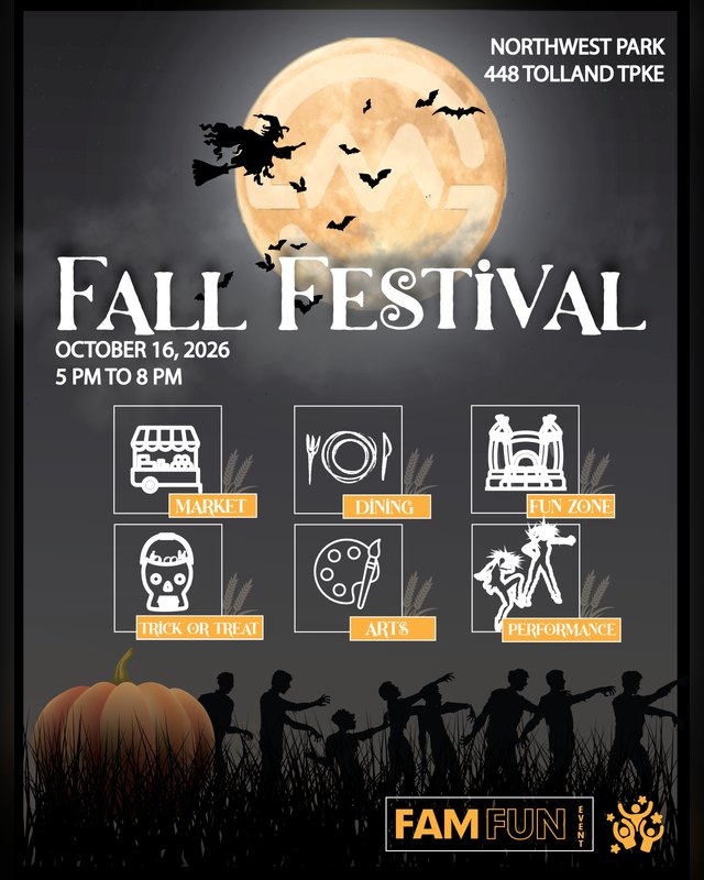 Flyer for Fall Festival showing October 16, 2026, 5 PM to 8 PM at Northwest Park.