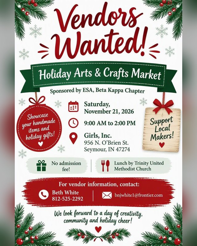 Flyer for the Beta Kappa Seymour Chapter Holiday Arts & Crafts Market on Saturday, November 21, 2026.