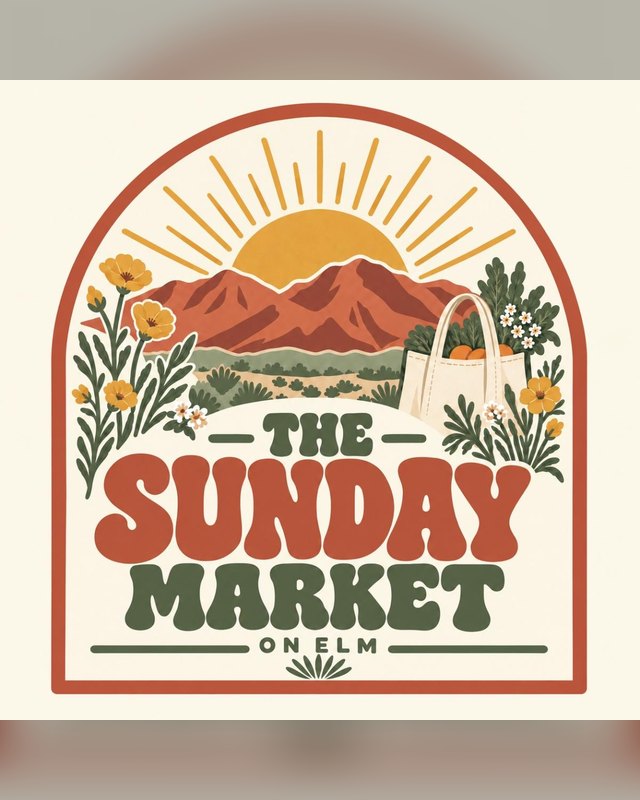 The Sunday Market on Elm event logo with a sunrise, desert mountains and a shopping bag.