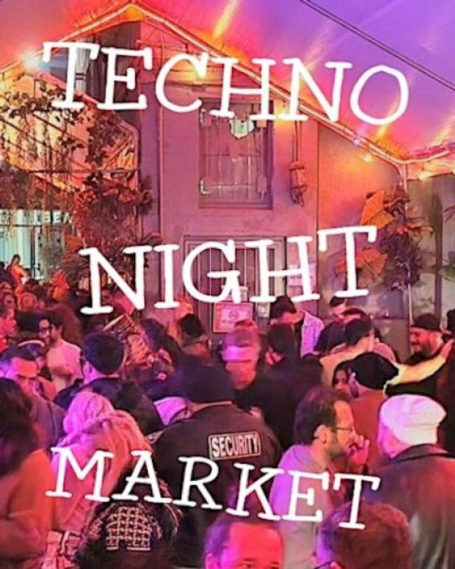Crowd of people mingling under string lights and plants at a Techno Night Market event, with the event name overlaid.