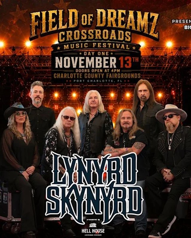 Promotional graphic for Field of Dreamz Music Festival with a stage backdrop and headlining band members in the center.