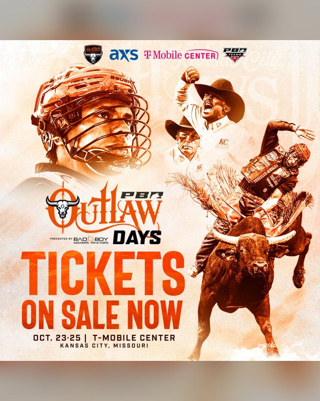 Flyer for Outlaw Days with bull rider art and text: tickets on sale, Oct. 23-25, T-Mobile Center, Kansas City.