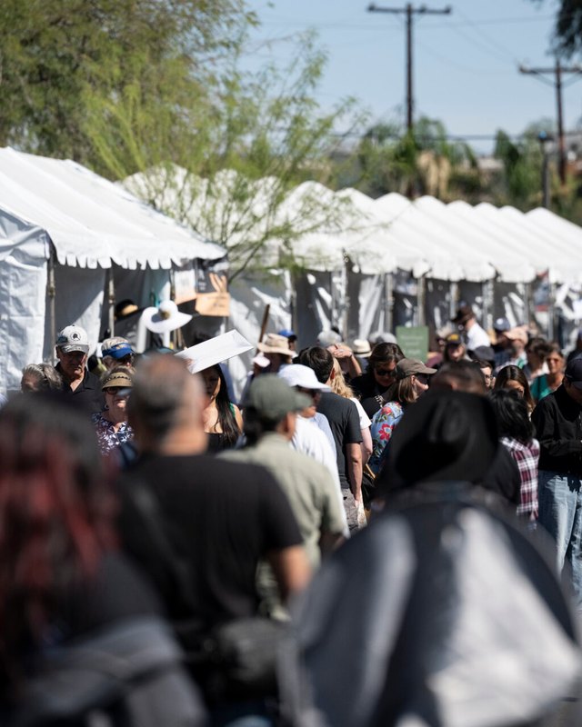 Crowd of shoppers walking between white market tents at the Indian Fair and Market.