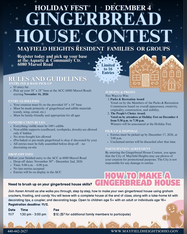 Flyer for Holiday Fest gingerbread house contest, December 4 at the Aquatic and Community Center