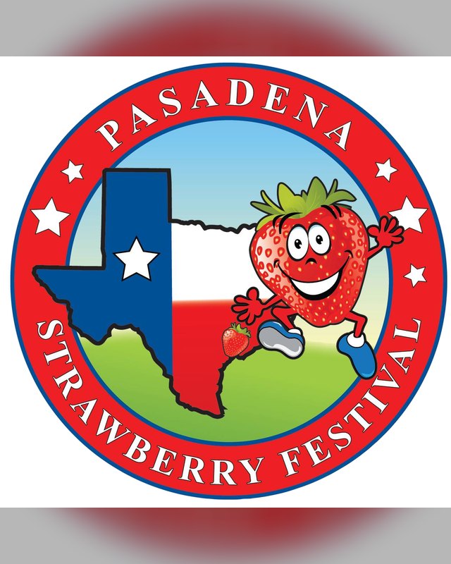Pasadena Strawberry Festival round logo with a cartoon strawberry mascot and a Texas flag.