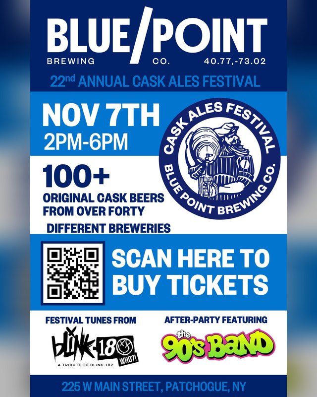 Flyer for the 22nd Annual Cask Ales Festival, Nov 7, 2-6 PM, at Blue Point Brewing Company in Patchogue.