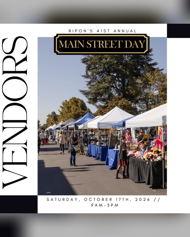 Flyer for Ripon's 41st annual Main Street Day, Saturday October 17th 2026, 9AM-3PM, showing a vendor market photo.