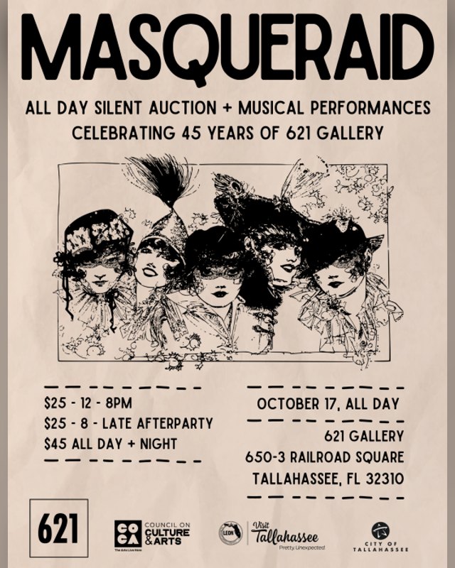 Flyer for MasquerAID, the 45 Years of 621 Gallery fundraiser with an all-day silent auction, on October 17.