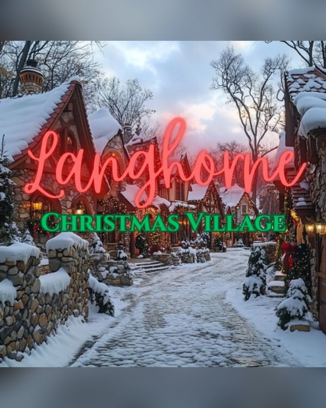 Flyer for Langhorne Christmas Village over a snowy village street with holiday lights.